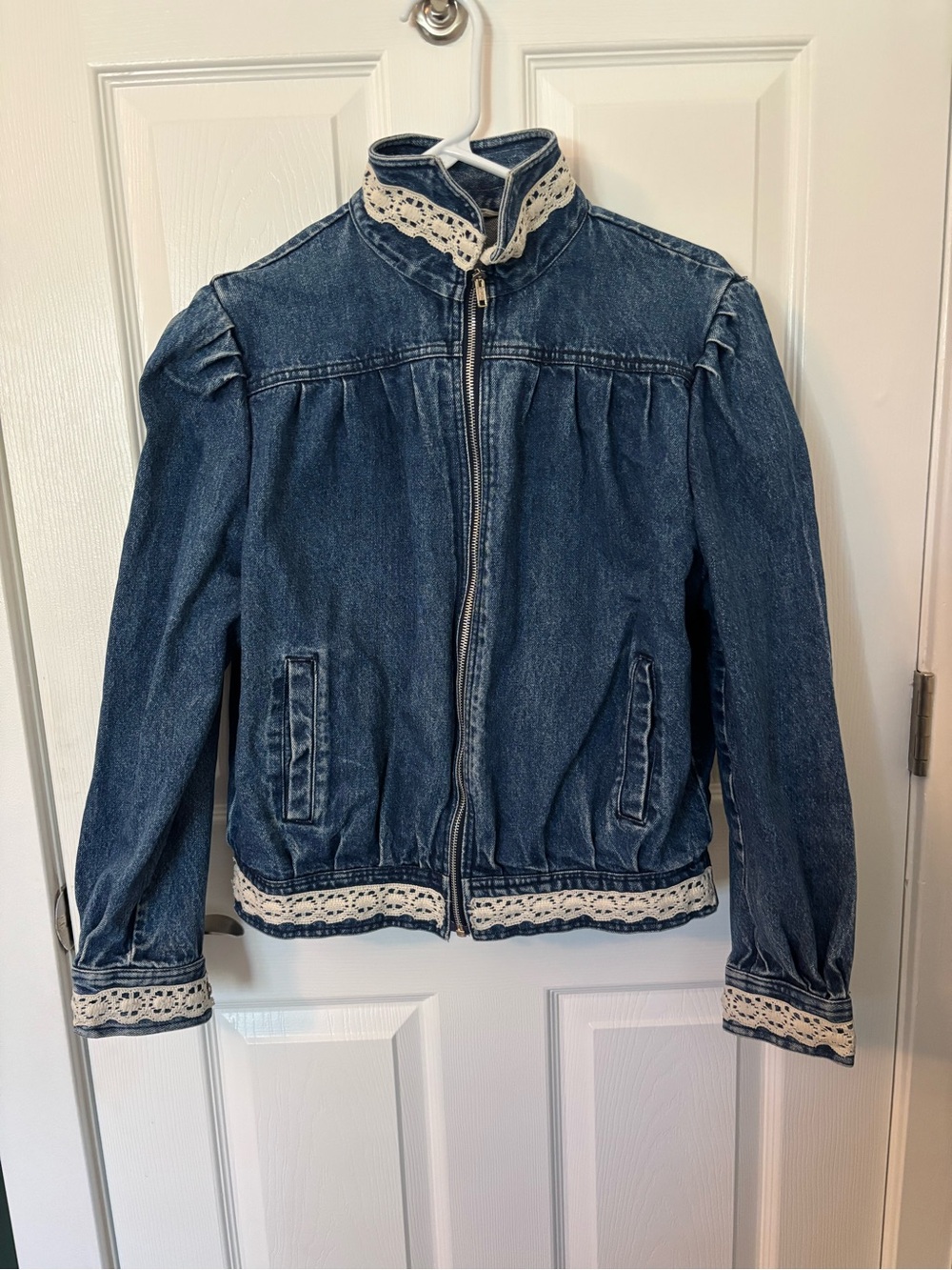 Vintage Denim Jacket Lace Trim Puff Sleeve Cropped Zip Cottagecore Boho Medium